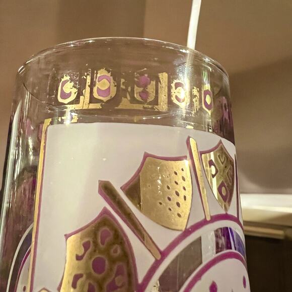 Mid Century Highball Glasses-Crown Shield-Gold-Vintage Barware-MCM-Set of 7 - Picture 4 of 4